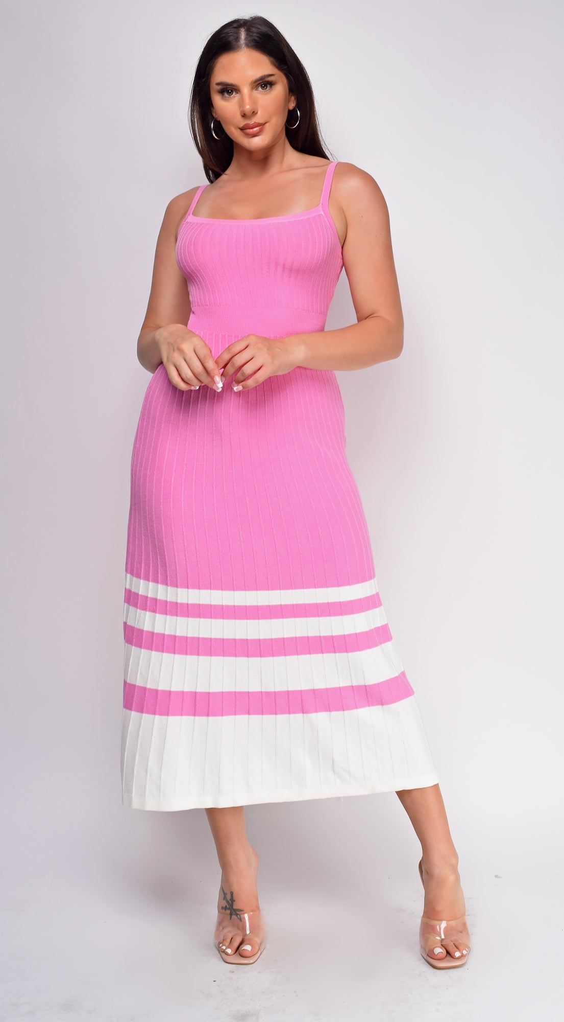 Deia Pink Ribbed Striped Hem Midi Dress