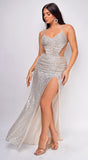 Azara Nude Silver Open Cross Back Sequin Gown