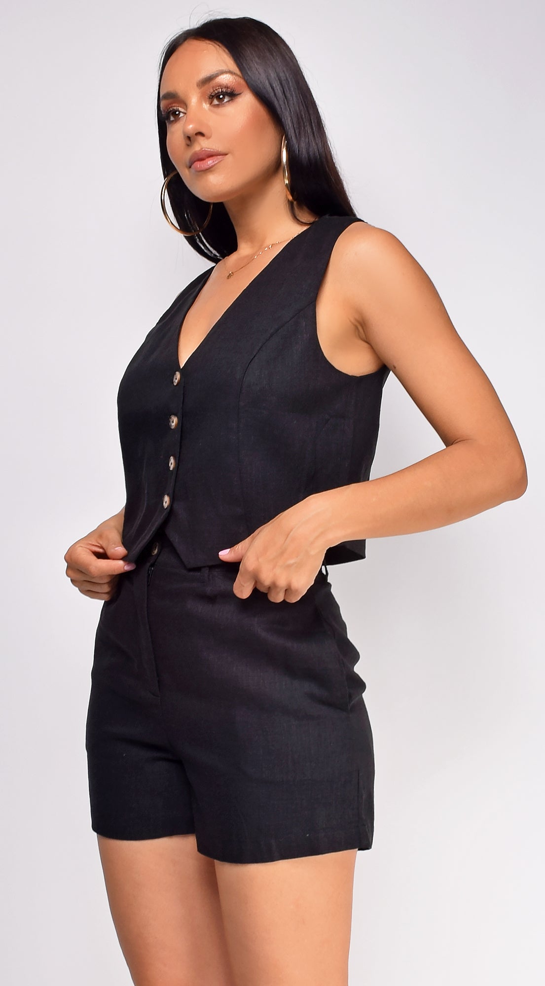 Valerie Black Linen Vest Shorts Set