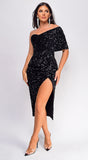 Sola Black One Shoulder Velvet Sequin Midi Dress