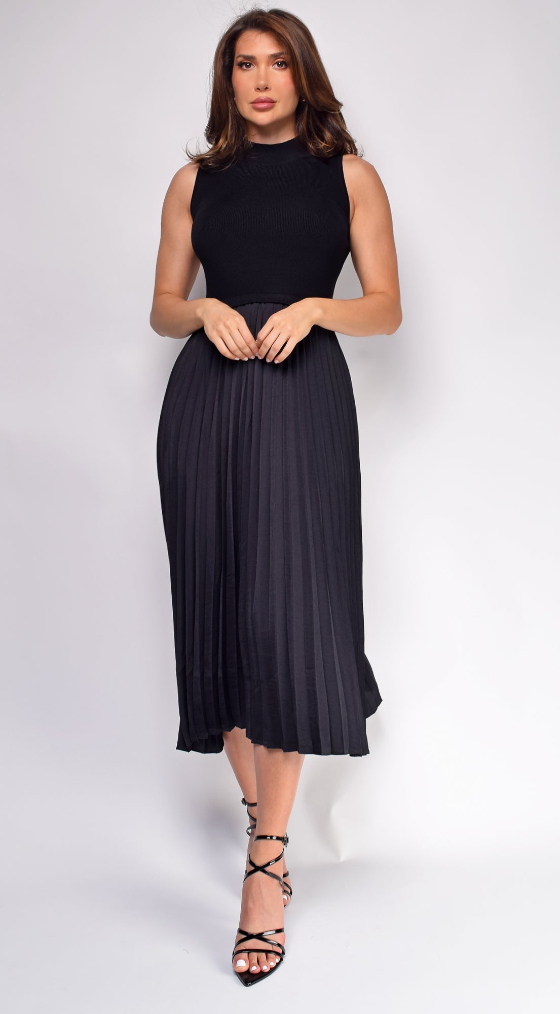 Ashlen Black Pleated Contrast High Neck Midi Dress