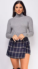 Orlean Navy Blue Plaid Button Wrap Skort back view on model