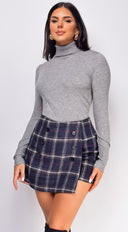 Orlean Navy Blue Plaid Button Wrap Skort styled outfit flat lay