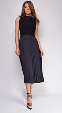 Ashlen Black Pleated Contrast High Neck Midi Dress full length front view on model