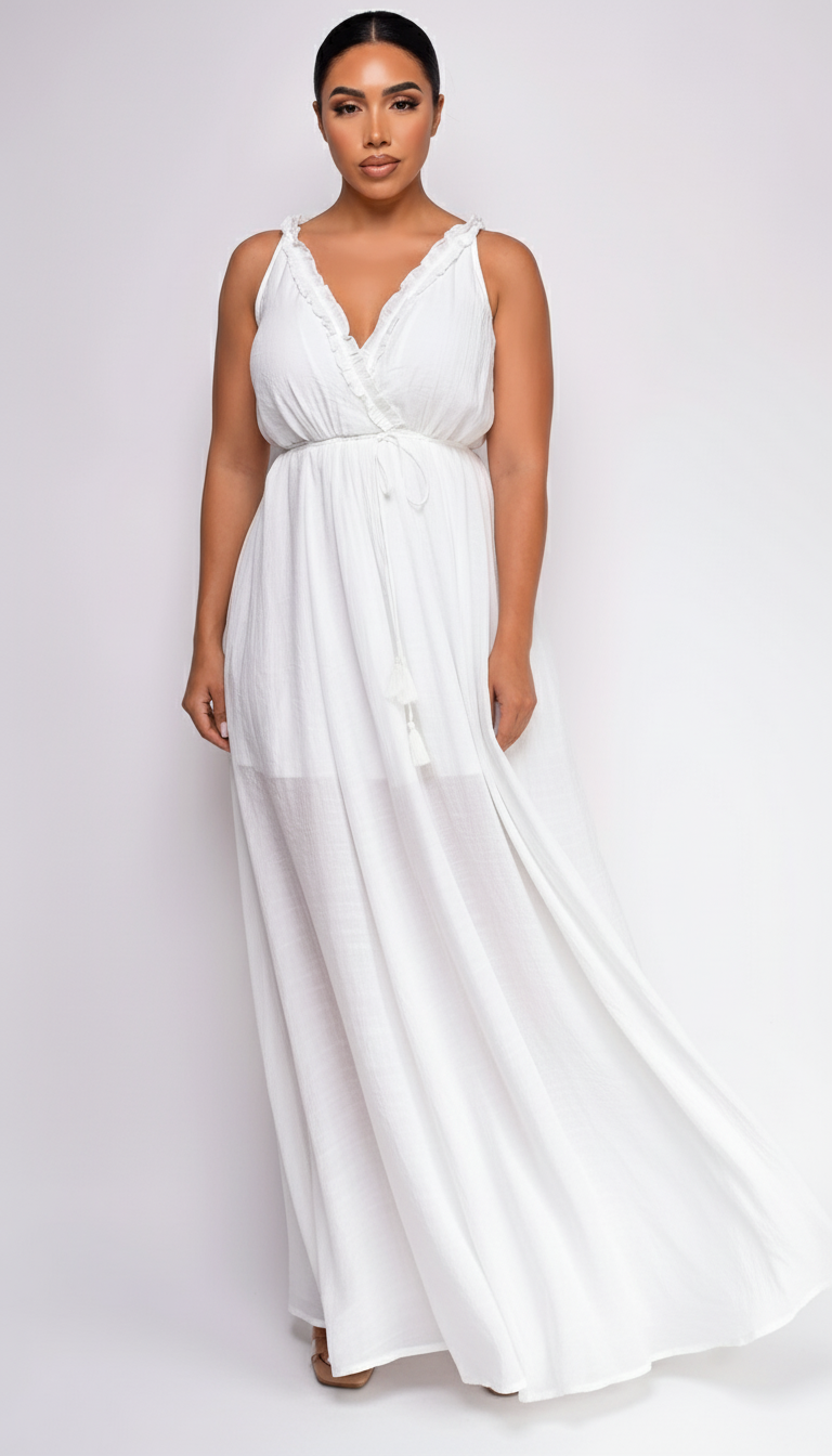 Cabana White Ruffle Detail Slit Maxi Dress