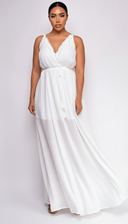 Cabana White Ruffle Detail Slit Maxi Dress styled outfit flat lay