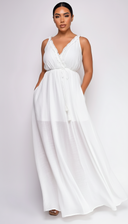 Cabana White Ruffle Detail Slit Maxi Dress side profile view on model