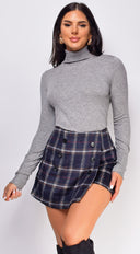 Orlean Navy Blue Plaid Button Wrap Skort side profile view on model