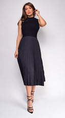 Ashlen Black Pleated Contrast High Neck Midi Dress back view on model
