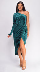 Miranda Green One Shoulder Velvet Midi Dress