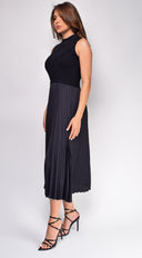 Ashlen Black Pleated Contrast High Neck Midi Dress side profile view on model