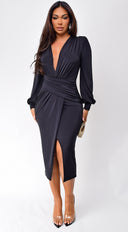 Natasa Long Sleeve Wrap Midi Dress - Black