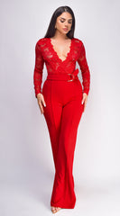 Milani Long Sleeve Lace Crochet Jumpsuit - Red