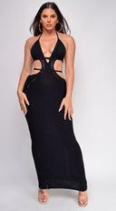 Espanola Crochet Maxi Dress in Black hemline and silhouette detail