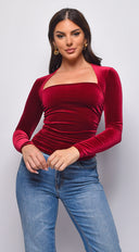 Adora Velvet Square Neck Long Sleeve Top in Burgundy back view on model