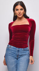 Adora Velvet Square Neck Long Sleeve Top in Burgundy close-up of velvet texture