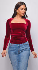 Adora Velvet Square Neck Long Sleeve Top in Burgundy styled outfit flat lay