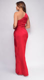 Elina Red Satin One Shoulder Side Slit Maxi Dress
