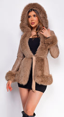 Sasha Taupe Brown PU Leather Faux Fur Trim Coat