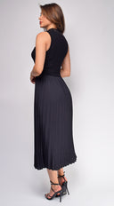 Ashlen Black Pleated Contrast High Neck Midi Dress close-up of pleated fabric
