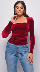 Adora Velvet Square Neck Long Sleeve Top in Burgundy full length front view on model