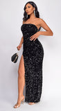 Noir Black Strapeless Velvet Sequin Slit Maxi Dress