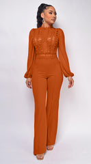 Nerine Crochet Lace Mesh Jumpsuit - Cognac Brown