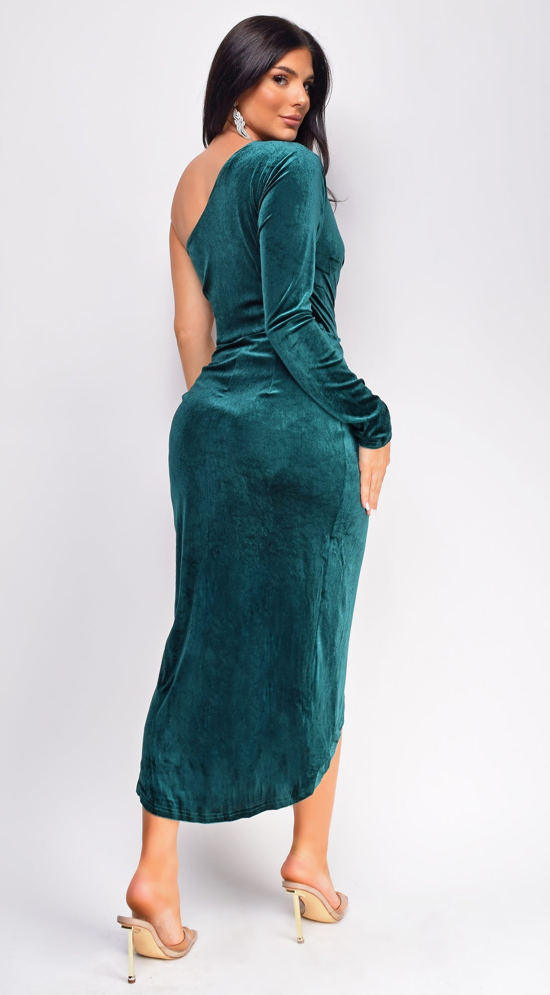 Miranda Green One Shoulder Velvet Midi Dress