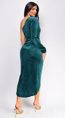 Miranda Green One Shoulder Velvet Midi Dress