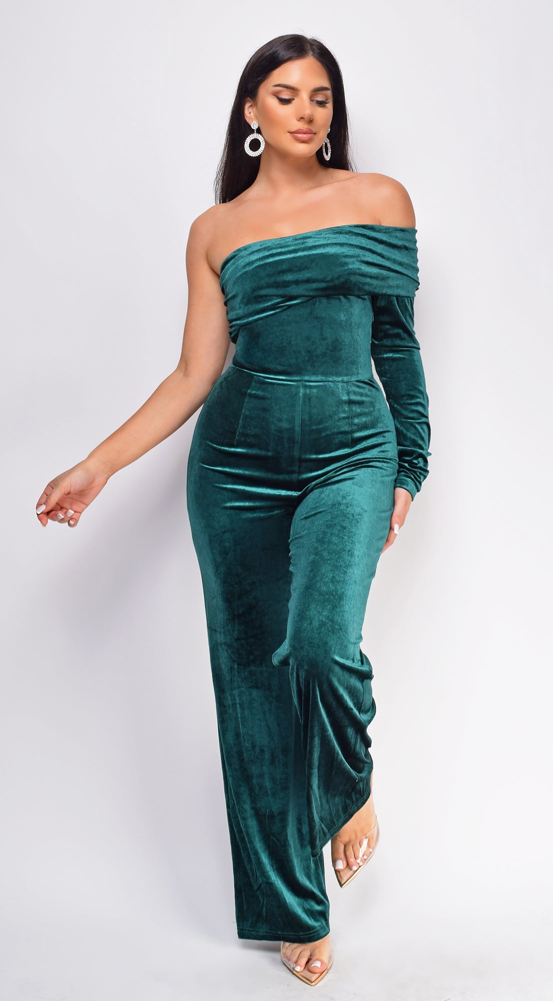 Yava Green Off Shoulder Velvet Jumpsuit