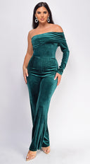 Nightfall One Shoulder Velvet Jumpsuit - Green