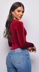 Adora Velvet Square Neck Long Sleeve Top in Burgundy side profile view on model