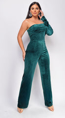 Yava Green Off Shoulder Velvet Jumpsuit