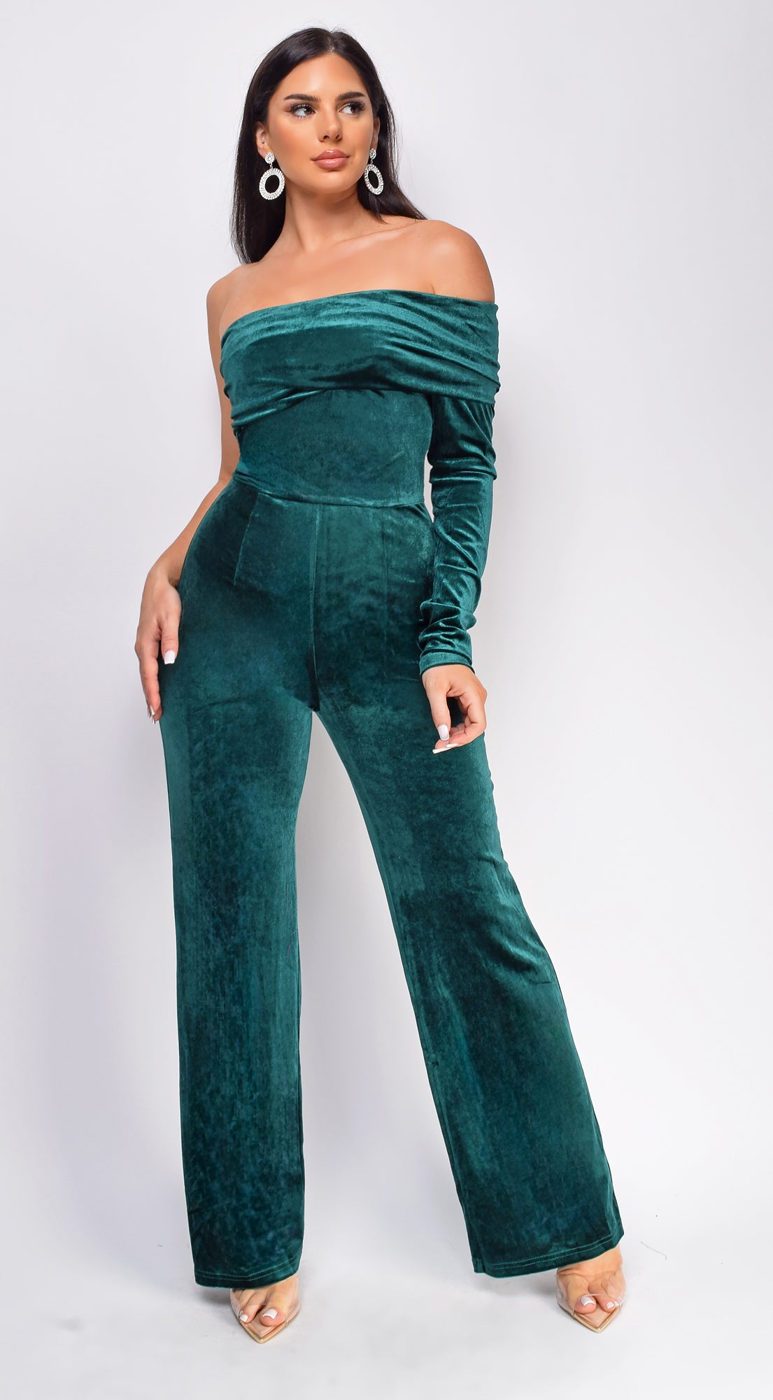Yava Green Off Shoulder Velvet Jumpsuit