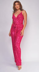 Kyla Hot Pink Surplice Sequin Jumpsuit