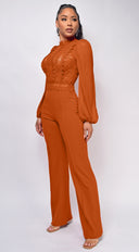 Nerine Crochet Lace Mesh Jumpsuit - Cognac Brown