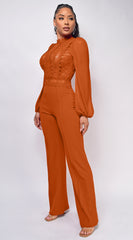 Nerine Crochet Lace Mesh Jumpsuit - Cognac Brown