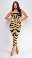 Zemira Gold Black Metallic Print Midi Dress