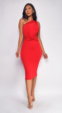 Nat One Shoulder Front Knot Midi Dress - Red