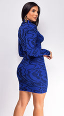 Alvena Navy Blue Wave Print High Neck Mini Dress close-up of fabric and construction