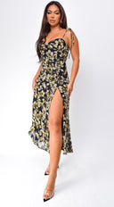 Nikkie Floral Print Side Slit Midi Dress - Black
