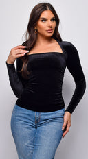 Adora Velvet Square Neck Long Sleeve Top in Black back view on model
