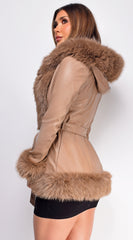 Sasha Taupe Brown PU Leather Faux Fur Trim Coat