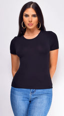 Tina Black Basic Short Sleeve Top full length front view on model