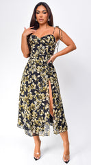 Nikkie Floral Print Side Slit Midi Dress - Black