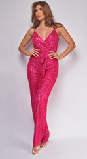 Kyla Hot Pink Surplice Sequin Jumpsuit