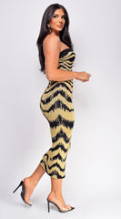 Zemira Gold Black Metallic Print Midi Dress