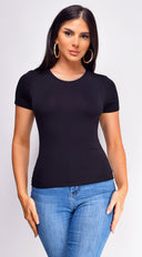 Tina Black Basic Short Sleeve Top back view on model