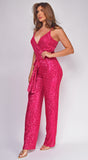 Kyla Hot Pink Surplice Sequin Jumpsuit