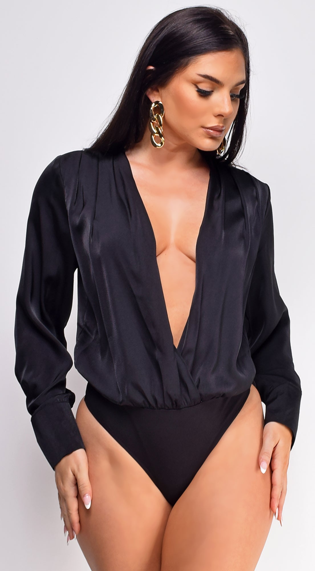 Zana Black Surplice Pleated V Neck Satin Bodysuit